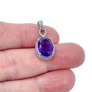Estate Sterling Silver 925 Oval Amethyst Cubic Zirconia Pendant